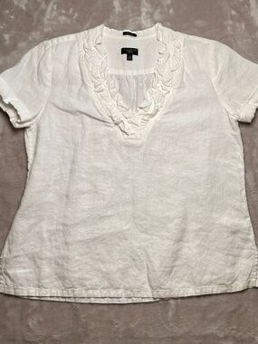Talbots Petites Top Pure Irish Linen Womens S White Ruffle V-Neck Short Sleeve
